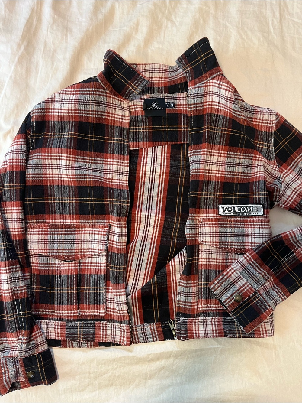 Volcom Red, Black and White Plaid Bomber Jacket